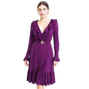 Cache Dress Women's Size 2 Purple Ruffles Fit & Flare Deep V-Neck Gold Accents